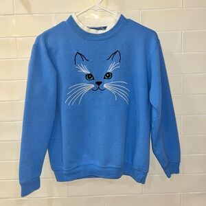 Vintage Embroidered Cat Sweatshirt Blue Granny Core